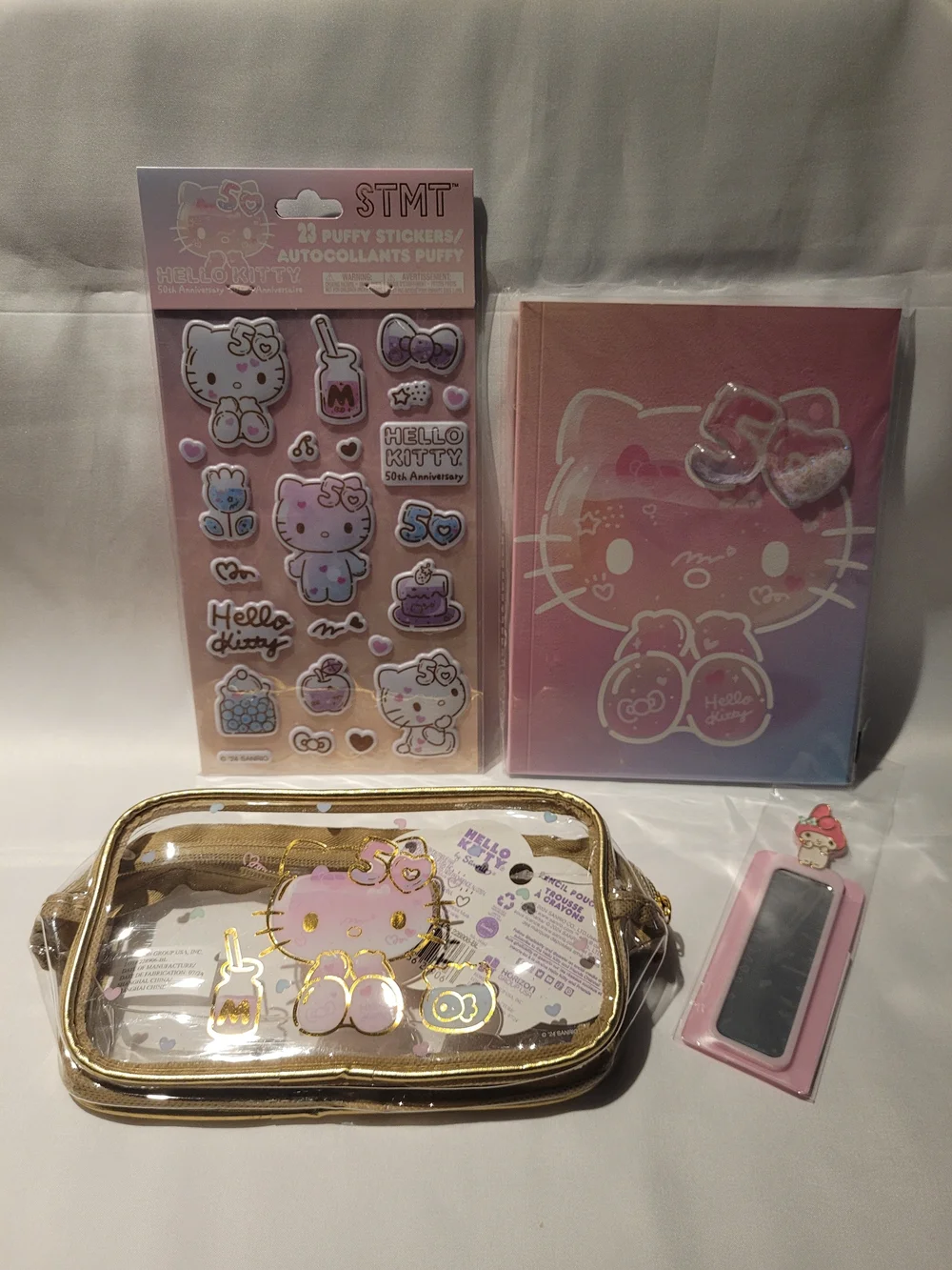 NWT Hello Kitty x Studio Oh! 50th Gold Clear Cosmetic Pouch w/ Stationery Set